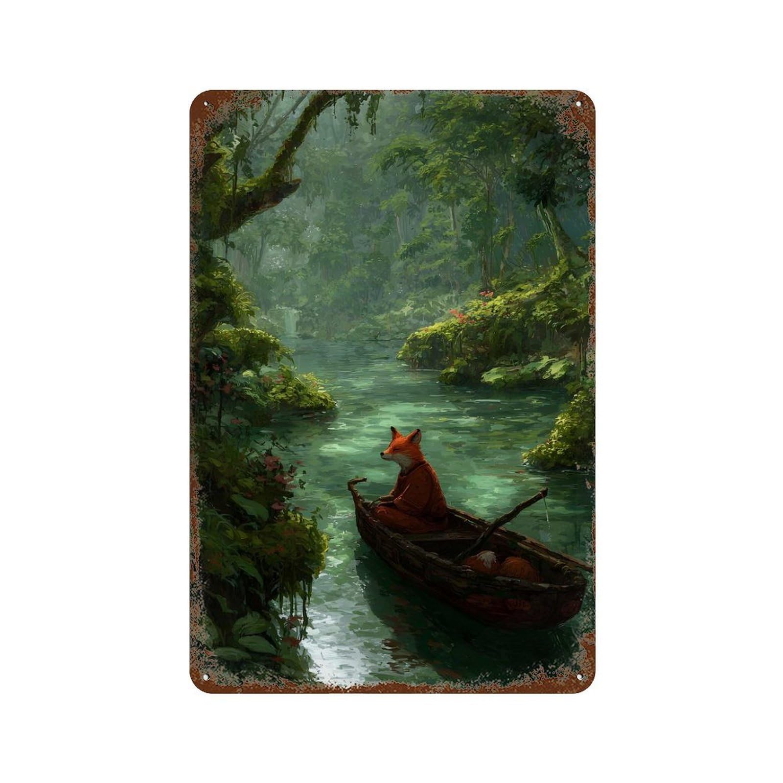 Fox in A Boat on River Rustic Tin Plaque 11.8"x7.9", Classic Wall Plaque for Garage, Pub Or Kitchen