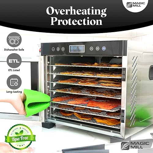 Vista 7 de Magic Mill Máquina deshidratadora profesional de alimentos 7 bandejas de acero inoxidable XL Secadora para cecina, golosinas para perros