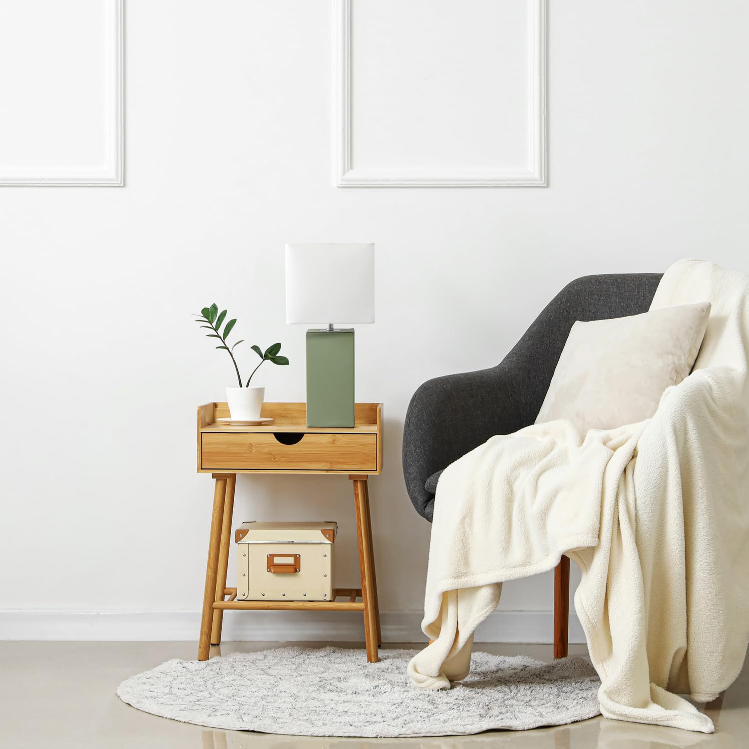 Elegant Designs LT1025-SGE Modern Leather Table Lamp with White Fabric Shade, Sage Green