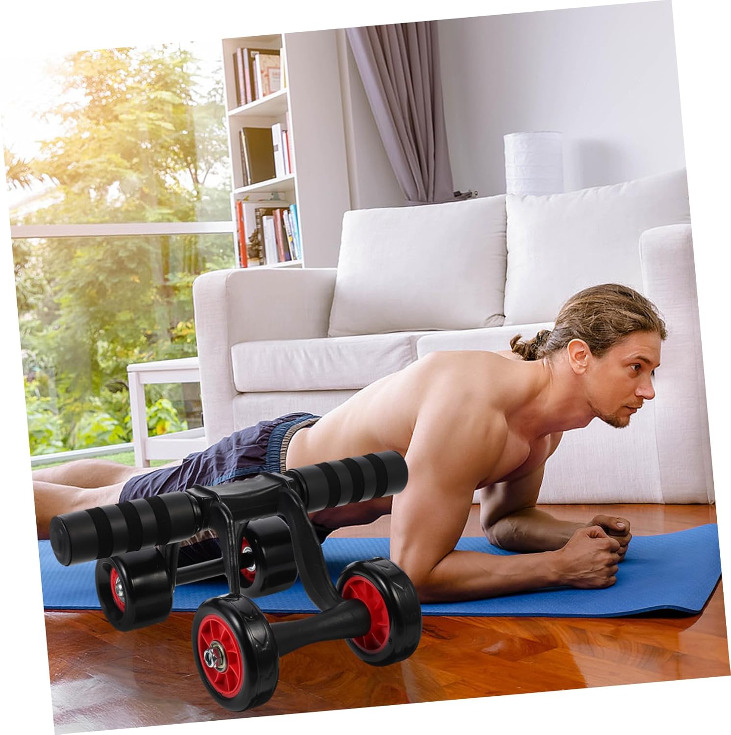 PRETYZOOM Four-wheel Ab Roller Wheel for Core Workout with Non-slip Handles and Wide Tire Stable Support Fitness Wheel for Home Gym Exercise Equipment