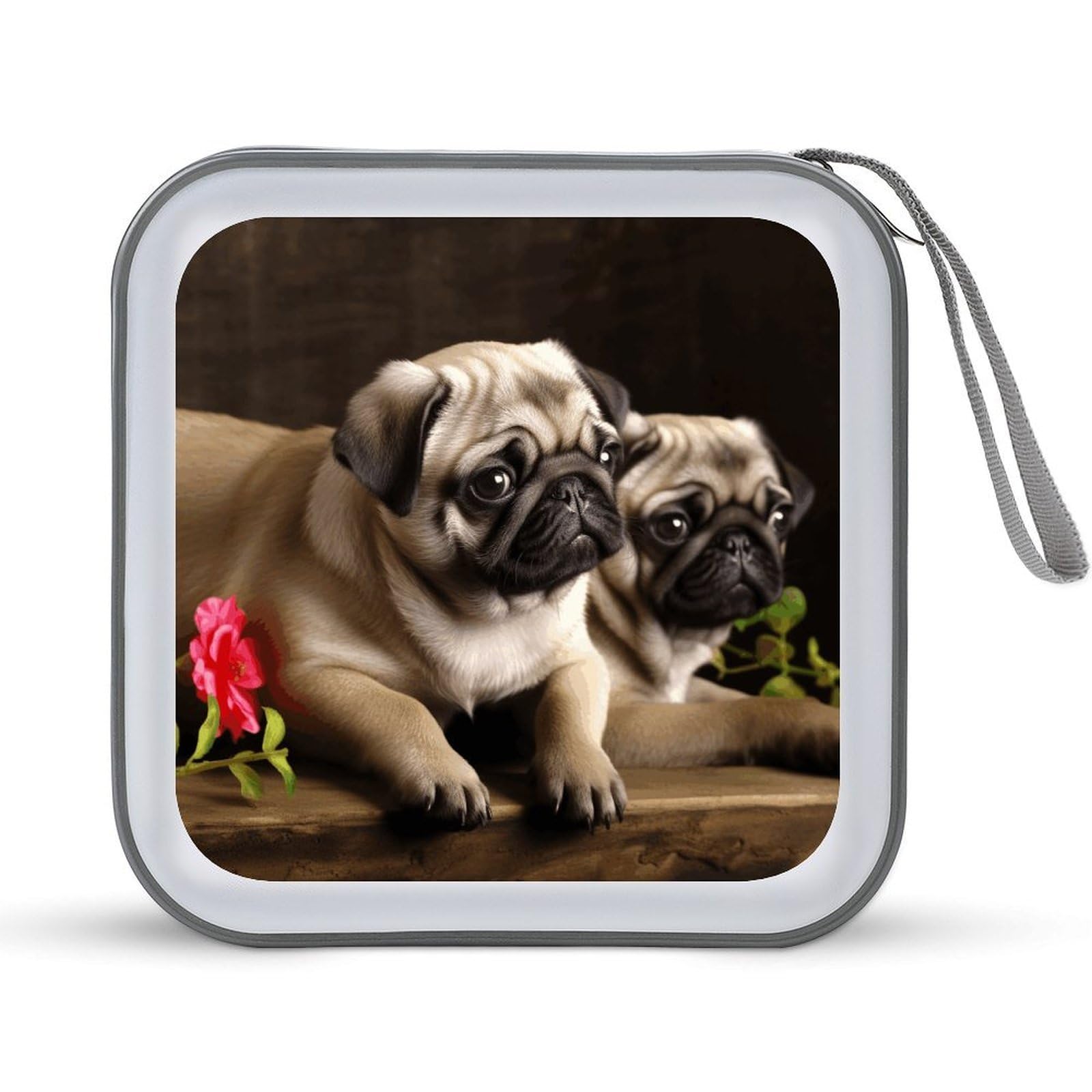 VstaDank Puppys Pug 40 Capacity CD Case with Zipper Disc Organizer, Portable CD Organizer Hard Plastic Storage CD Holder DVD Wallet Organizer for Home