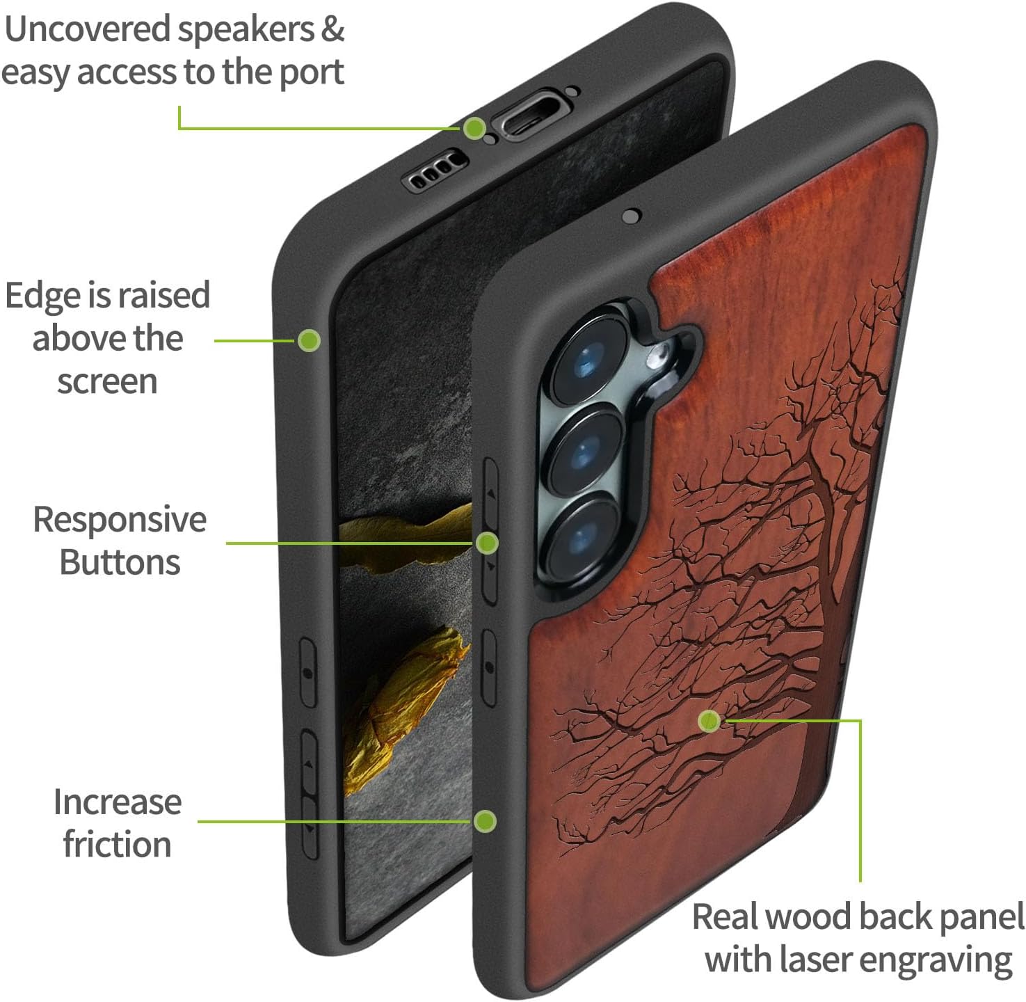 Carveit Wood Case for Galaxy S23 FE Case [Natural Wood & Black Soft TPU] Shockproof Protective Cover Unique Wooden Design Compatible with S23 FE (Eternal Tree-Rosy)
