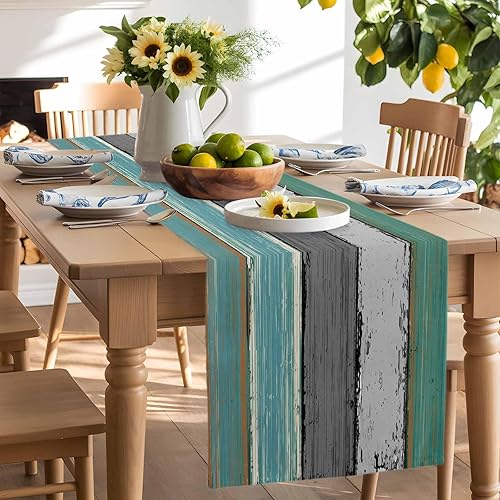 Miniatura 100 de Camino de mesa de algodón y lino estilo granja rústico retro, textura de madera de granero, color degradado marrón y gris, antideslizante,