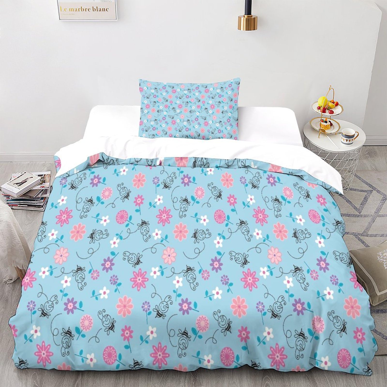 Housse de couette abeille 135x200 parure de lit 3 pièces microfibre doux avec fermeture éclair