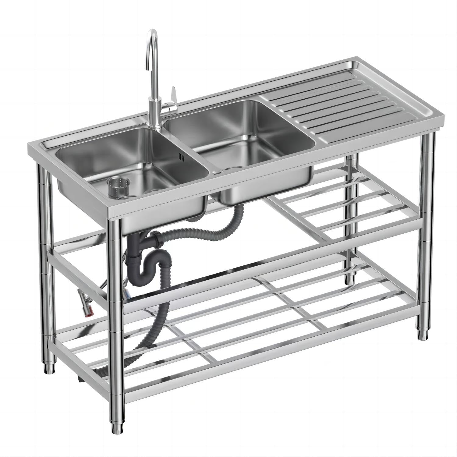 DuyviSteil Free Standing Double Bowl Sink, Stainless Steel Utility Sink, Commercial Restaurant Kitchen Sink Set, Water Pipe & w/Workbench & Storage