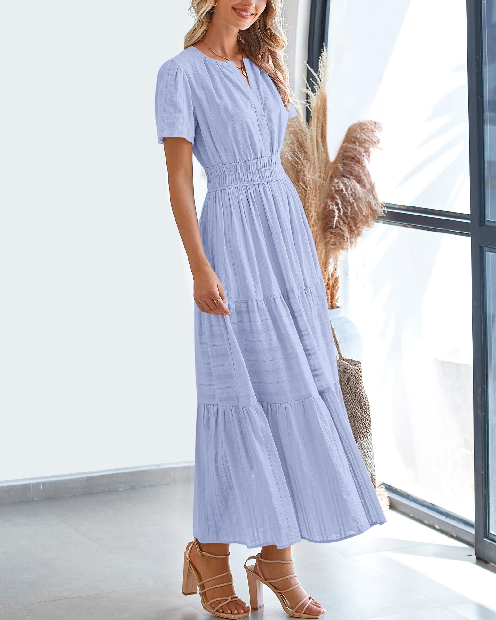 BTFBM Womens Summer 2025 Casual Midi Maxi Dresses Lightweight Short Sleeve V Neck Elastic Waist Boho Beach Dress Pockets - Image 7