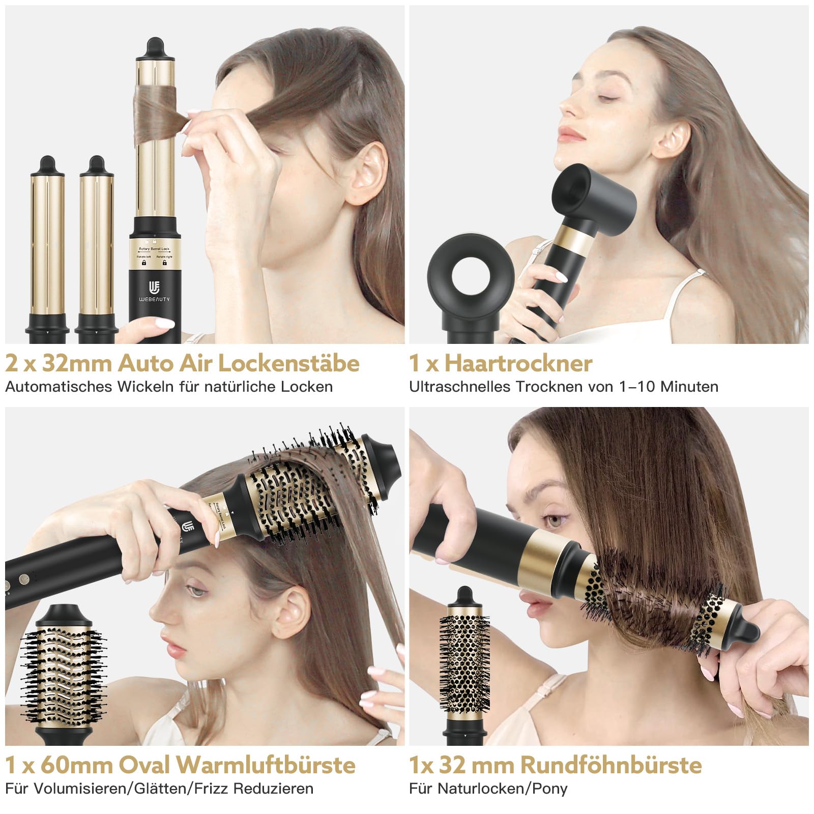 webeauty 6 in 1 Airstyler, Hochgeschwindigkeit Föhn mit Föhnbürste-Schwarz | 110,000U/Min,30M/S, Föhn mit Föhnbürste, Rundföhnbürste, Air Lockenstäbe, 500 Millionen Negative Ionen Hairstyler