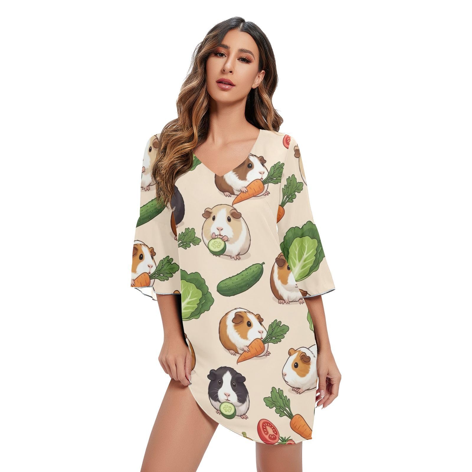 Robe de soirée courte mousseline motif cochons d'inde crème poétique