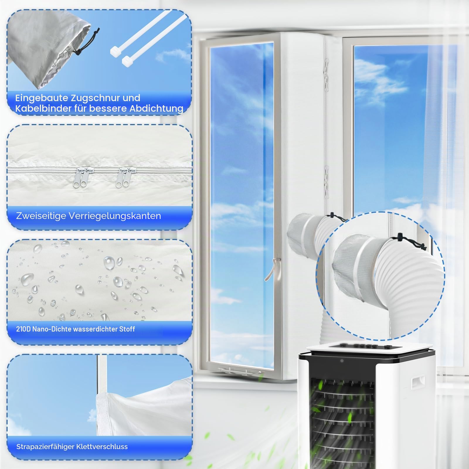 Hon&Guan Fensterabdichtung 300cm für Mobile Klimageräte, Doppelter Reißverschluss Wärmedämmend Wasserdicht Abriebfest Geeignet für fensterabdichtung Klimaanlage Dachfenster, Flügelfenster