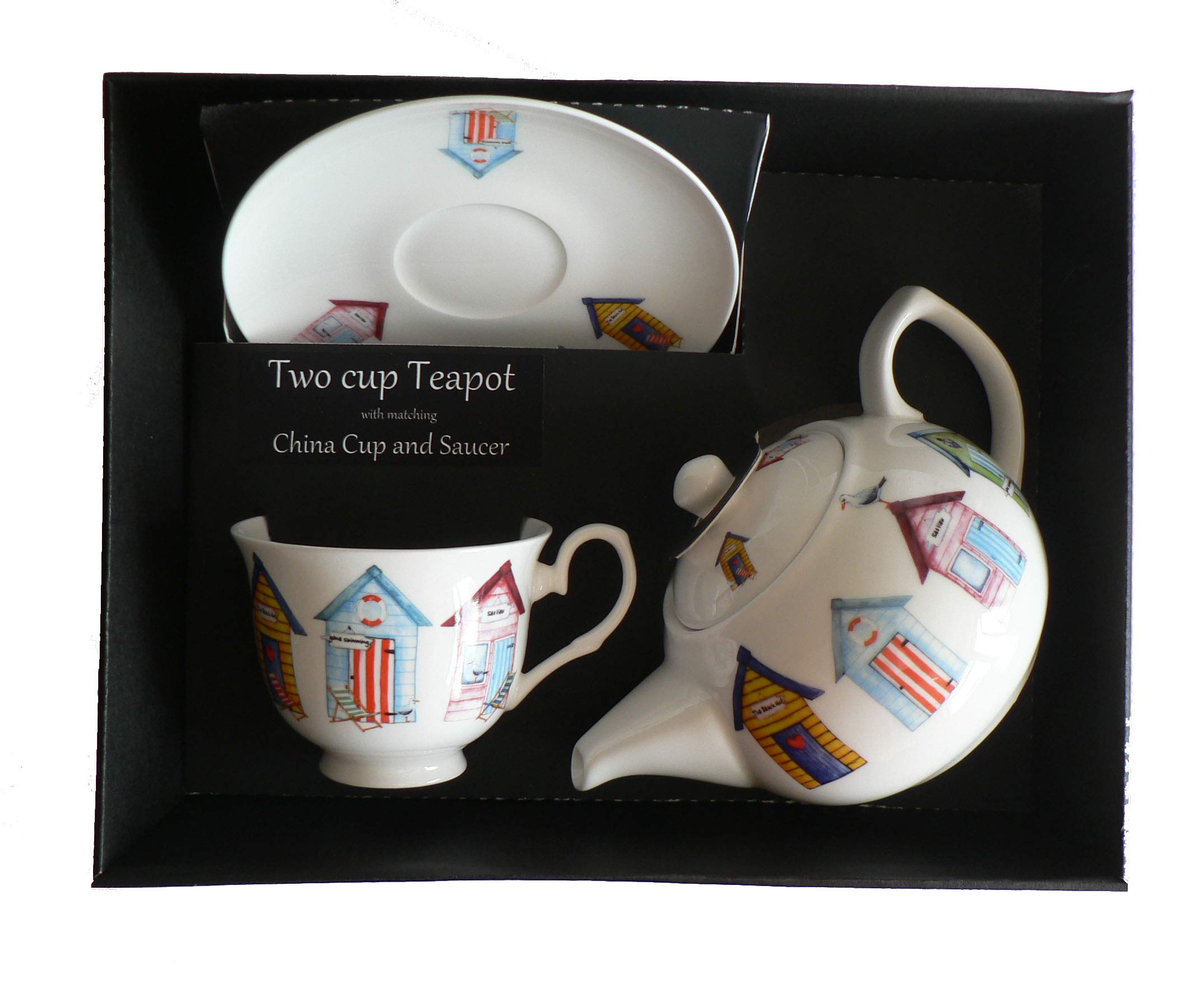 Beach Hut Teapot cup and saucer gift set - Porcelain teapot, with fine china cup & saucer in gift boxed package