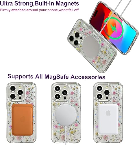 Miniatura 3 de Funda con diseño de flores reales para iPhone 13 Pro Max (compatible con MagSafe), funda magnética transparente con purpurina rosa brillante
