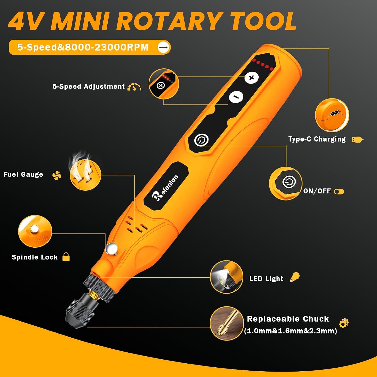4V Cordless Rotary Tool, 23000RPM 5-Speed with LED Light, 2000mAh Battery, Mini Rotary Tool Kit with 79Pcs Accessories for Polishing, Drilling, Engraving, Sanding, DIY Projects (Orange)