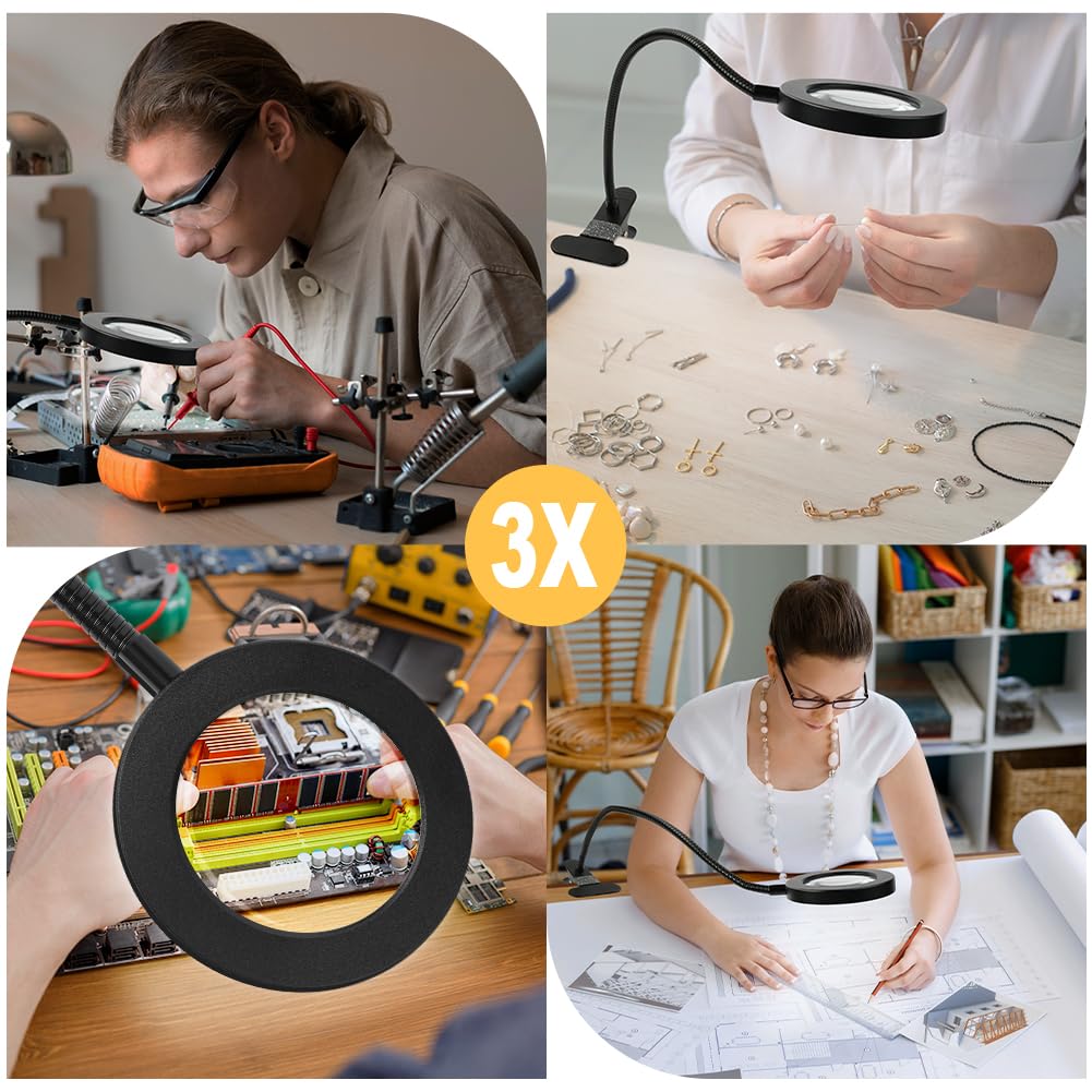 Lámpara de Lupa con Aumento 5X, Luz LED 3 Colores 10 Brillo, Cuello Flexible 360°, USB Portátil