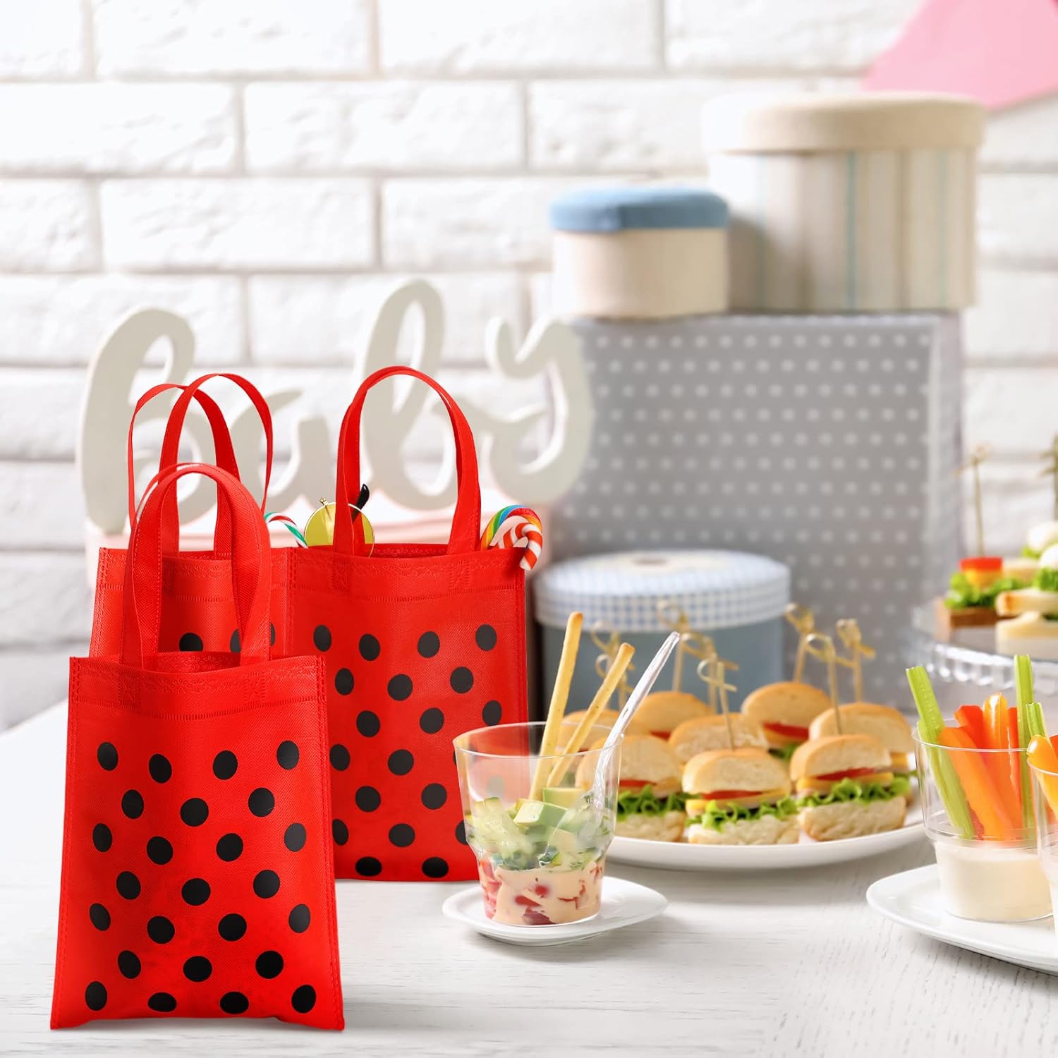 Sumind 24 Pcs Ladybug Party Favors Bags Fall Lady Bug Goodie Gift Bags with Handles Red Black Polka Dot Non Woven Pouch for Ladybug Birthday Party Decoration Supplies - Image 5