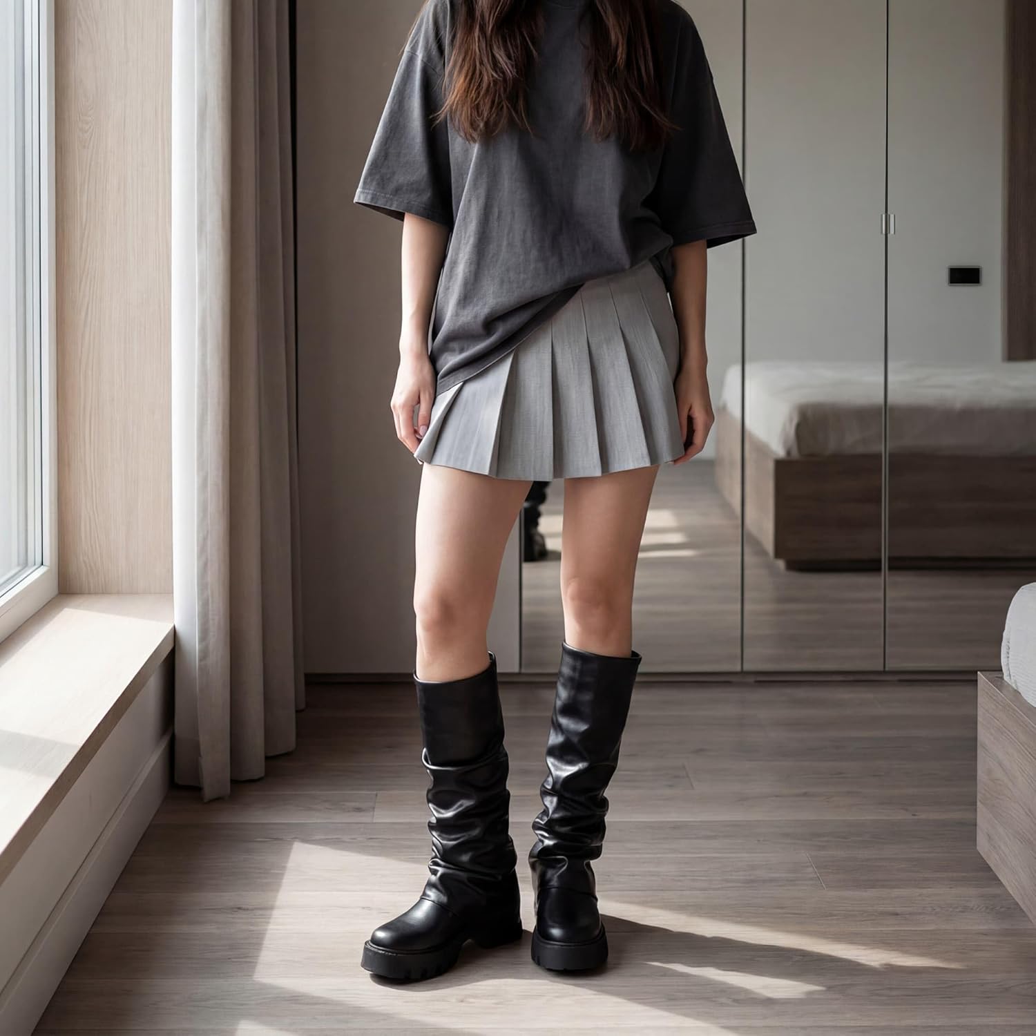 Fold Over Platform Boots for Women, Knee High Shark Boots Round Toe Pleated Slouchy Boot Shoes for Casual