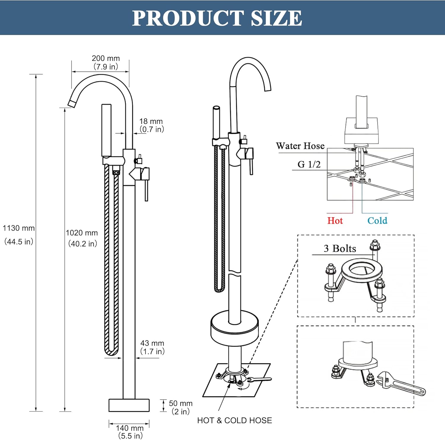 Free Standing Tub Faucet, Floor Mount Freestanding Tub Faucets, Brass Stand Alone Tub Filler, High Flow Bathtub Shower Mixer Tap, Matte Black - Image 7