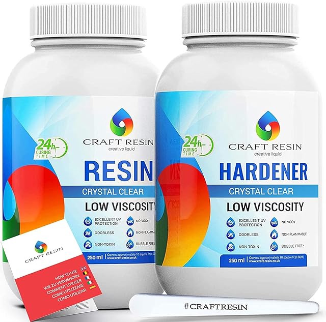 CRAFT RESIN Epoxy Resin Kit 1L - Crystal Clear Resin & Hardener for Wood, Jewellery, Mould Casting, Table Top & Art Resin - Food Safe Self Leveling UV & Heat Resistant Resin (500ml) Hardener (500ml)