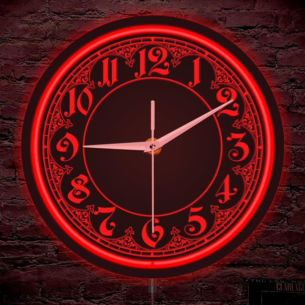 - The Geeky Days Retro Pattern Arabic Numerals Red LED Neon Lighting Wall Clock for Bedroom Living Room Classic Home Decor Timepiece Vintage Illuminated Wall Clock with Big Numbers Easy to Read