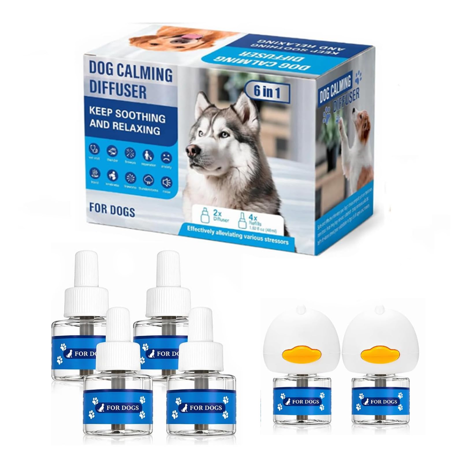 Kit diffuseur de phéromones apaisantes pour chien, 2 diffuseurs + 4 recharges, approvisionnement de 120 jours, couvre 700 m², branchement inodore pour soulager l'anxiété, le stress de