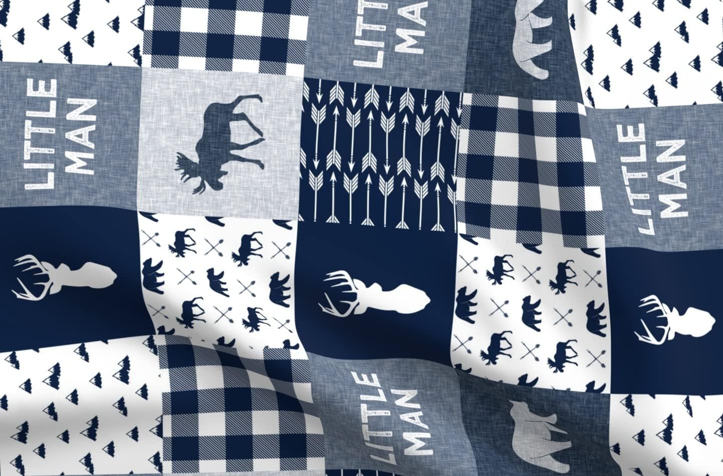 Spoonflower Fabric - Little Man Patchwork Navy Woodland Trendy Moose Bear Printed on Organic Cotton Sateen Fabric by The Yard - Sewing Quilting Apparel Home Decor