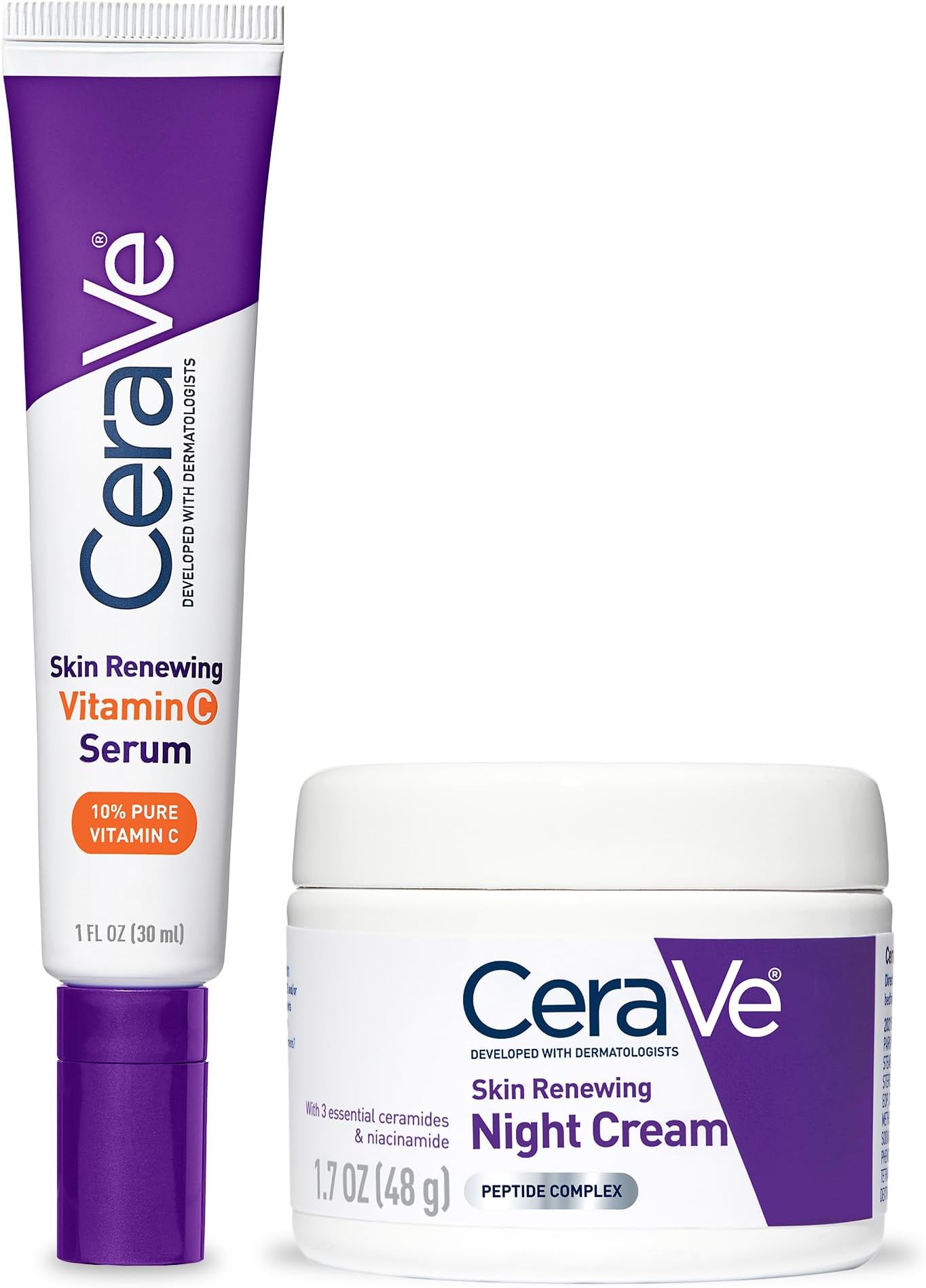CeraVe Vitamin C Serum and Night Cream Skin Care Set | Brightening Serum with 10% Pure Vitamin C and Night Moisturizer with Peptides| Hyaluronic Acid and Ceramides | 1oz Serum + 1.7oz Moisturizer