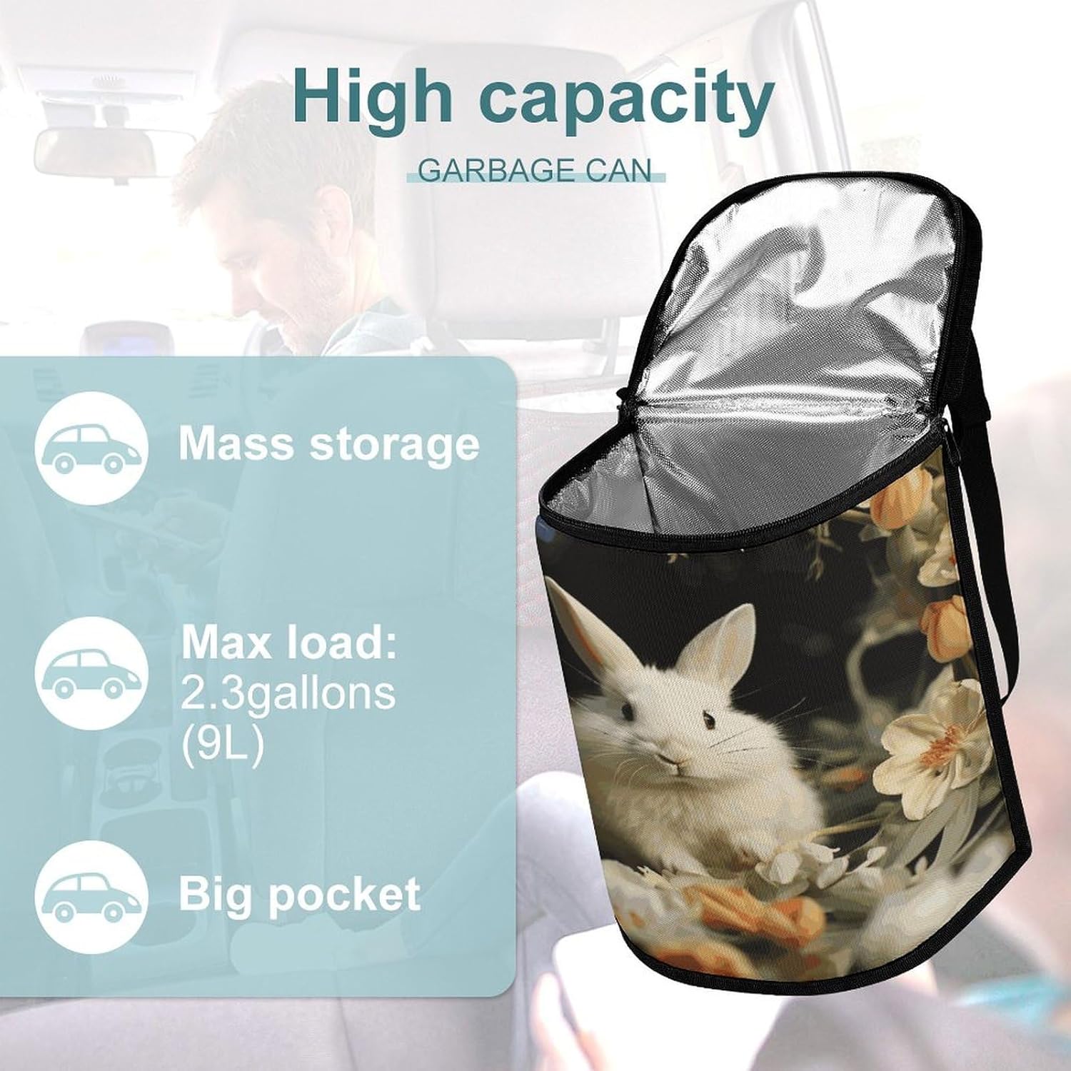 White Rabbit and Lilies Car Trash Can with Lid Leak-Proof Waterproof Hanging Car Garbage Bag Detachable Multipurpose Trash Bin Portable Travel Cars Trash Bag for Cars SUV Truck RV