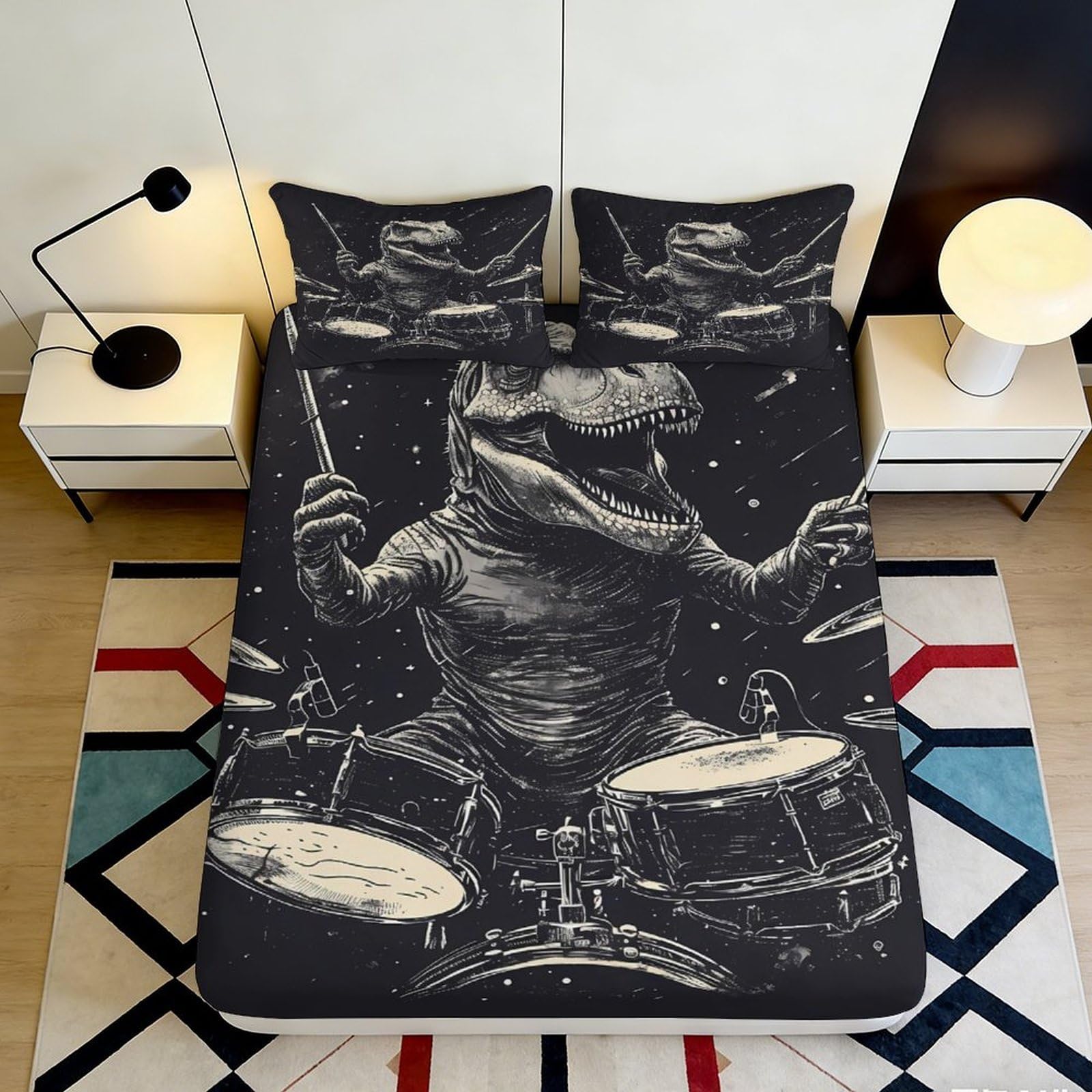 3D Printed Dinosaur Drummer Fitted Sheet Microfiber Soft Durable T-Rex Bed Cover for Bedroom Dormitory Guest Room Mattress Protection Decoration 160x200x25cm