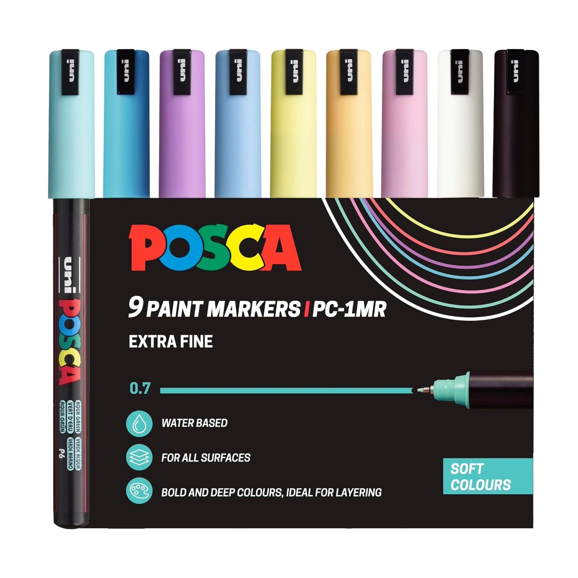 Posca PC-1MR Ultra-Fine Acrylic Paint Marker Pens, Soft Colours (9-Pack)