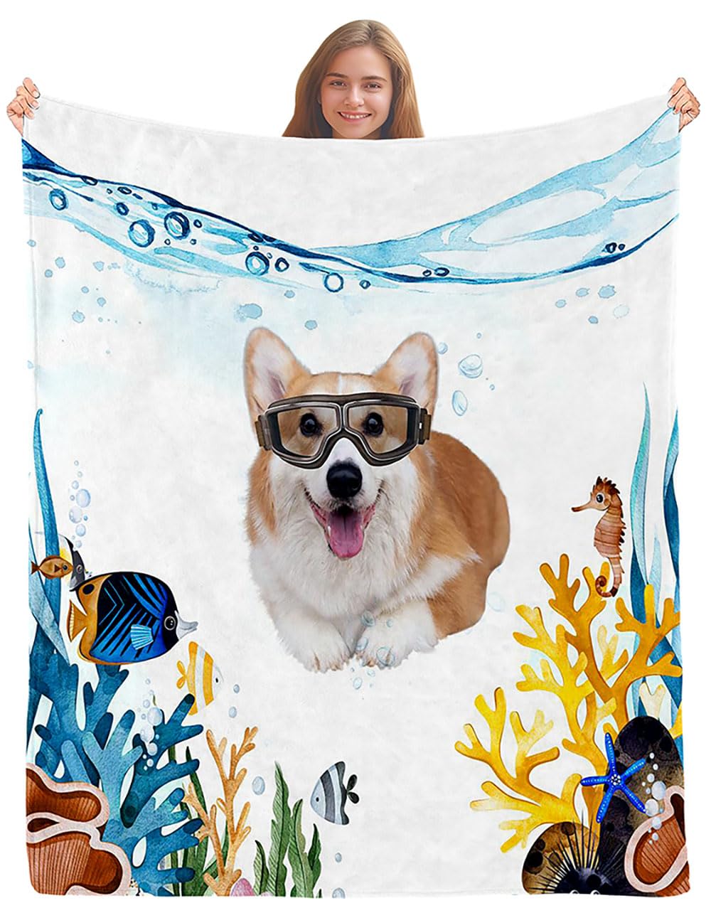 Cálida Manta De Felpa, Lindo Cachorro De Corgi Perro Gracioso Fish Tropical Coral Océano Corgi (Tamaño Bebé), Microfibra Cubre Sofá, Mantas Franela para Cama, Adultos, Sillón L