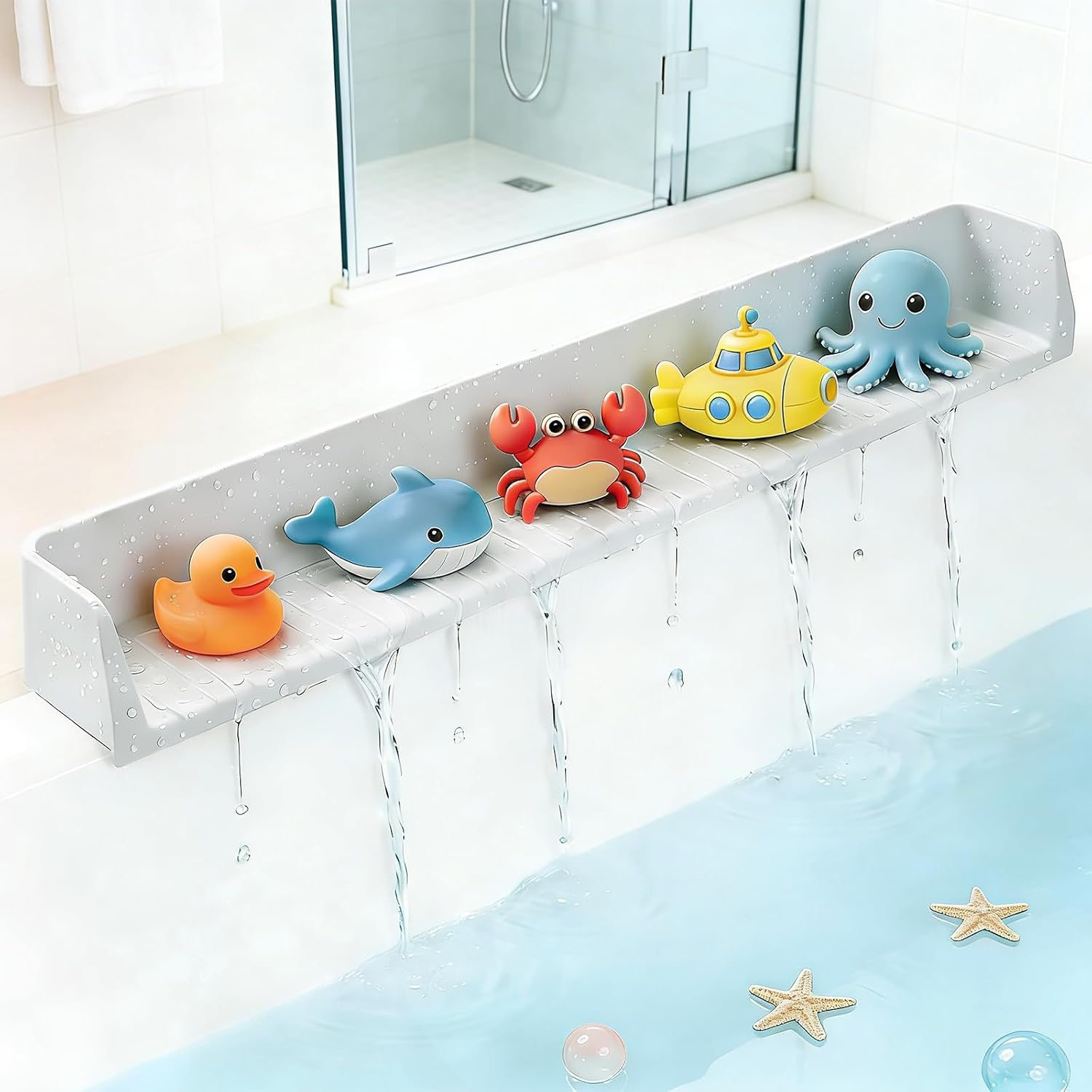 Bathtub Tray Splash Guard: Silicone Bathtub Splash Guard with Suction Cups, Bathtub Side Tray & Bath Toys Holder for Water Spill Prevention & Bathroom Storage, Grey