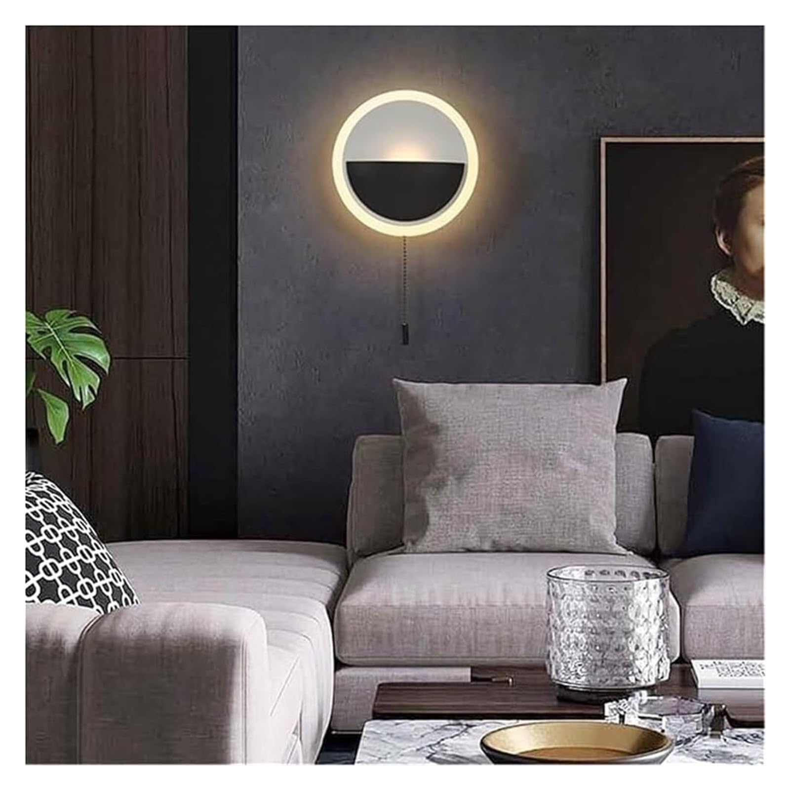 Lampa ścienna wewnętrzna o minimalistycznym wzornictwie, prosta okrągła lampa ścienna z przełącznikiem łańcuchowym, do sypialni, jadalni, salonu, korytarza na zewnątrz
