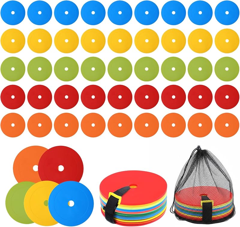 50 piezas de conos planos para entrenamiento deportivo, conos de fútbol de 6 pulgadas con marcador de punto de cono de campo antideslizante para la práctica de agilidad de velocidad, discos planos de 5 colores con correa y bolsa de malla para baloncesto de fútbol