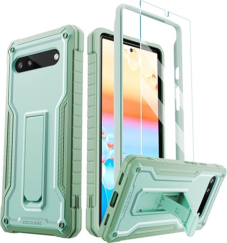 ExoGuard Funda para Google Pixel 6A, funda de goma a prueba de golpes, viene con un protector de pantalla de vidrio templado y soporte compatible