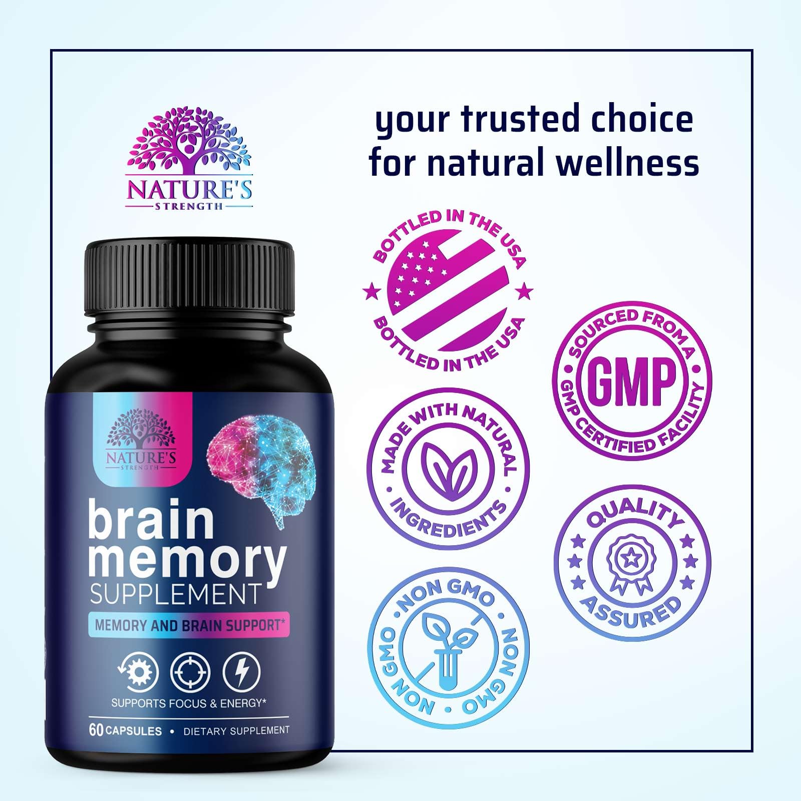 Brain Memory Supplement Pills - 3X Strength Nootropics for Concentration, Clarity & Focus Support - Brain Health Cognitive Vitamins with Bacopa, Phosphatidylserine & DMAE, Brain Booster - 60 Capsules — Amazon image 4