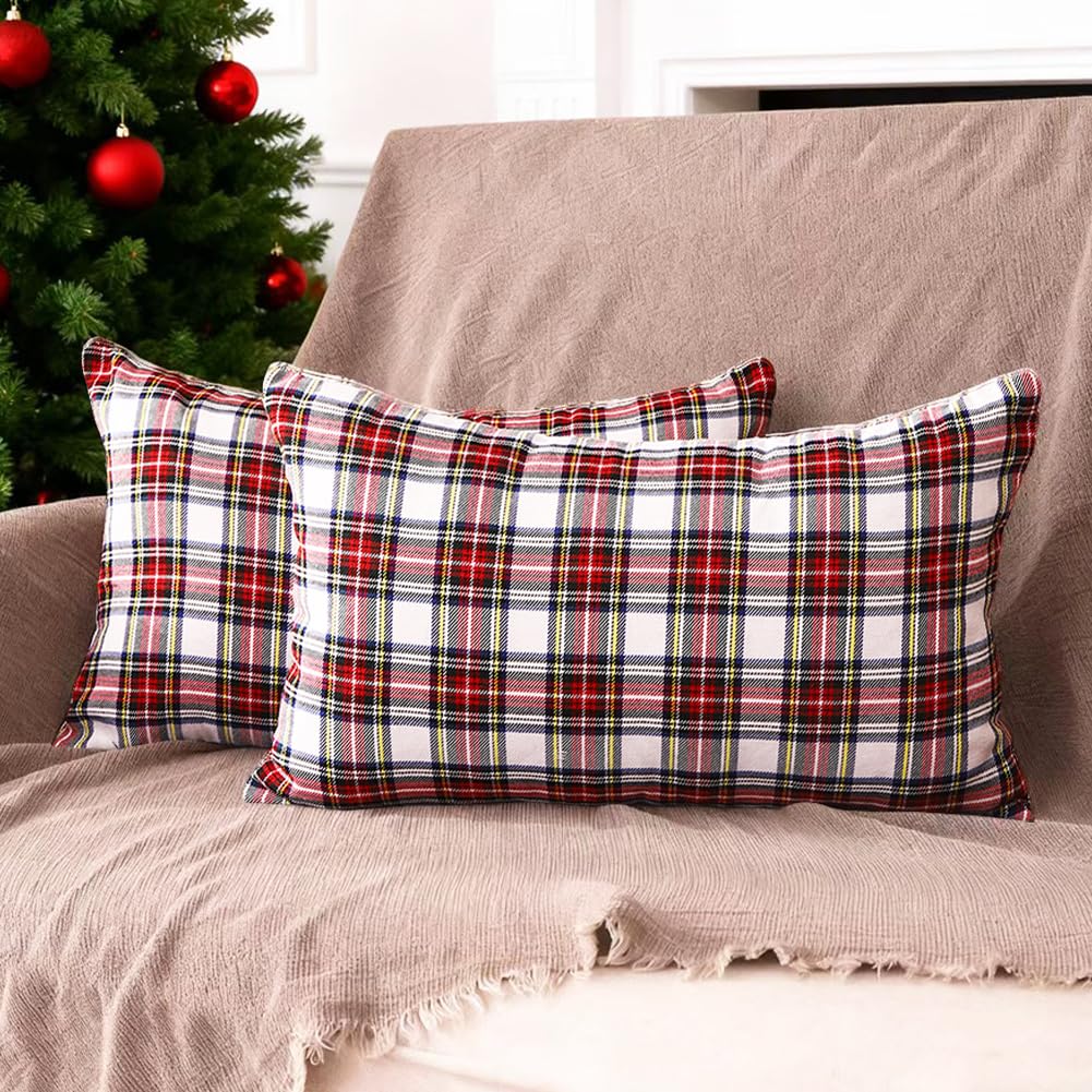 CARRIE HOME White Tartan Plaid Christmas Lumbar Pillow Covers 12x20 Set of 2 White Scottish Xmas Lumbar Throw Pillows Traditional Christmas Decor for