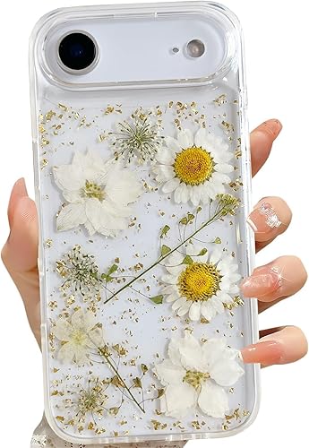 Miniatura 34 de Funda transparente para iPhone 16 Pro Max con diseño de flores reales presionadas, patrón floral rosa brillante y lindo, funda protectora de TPU