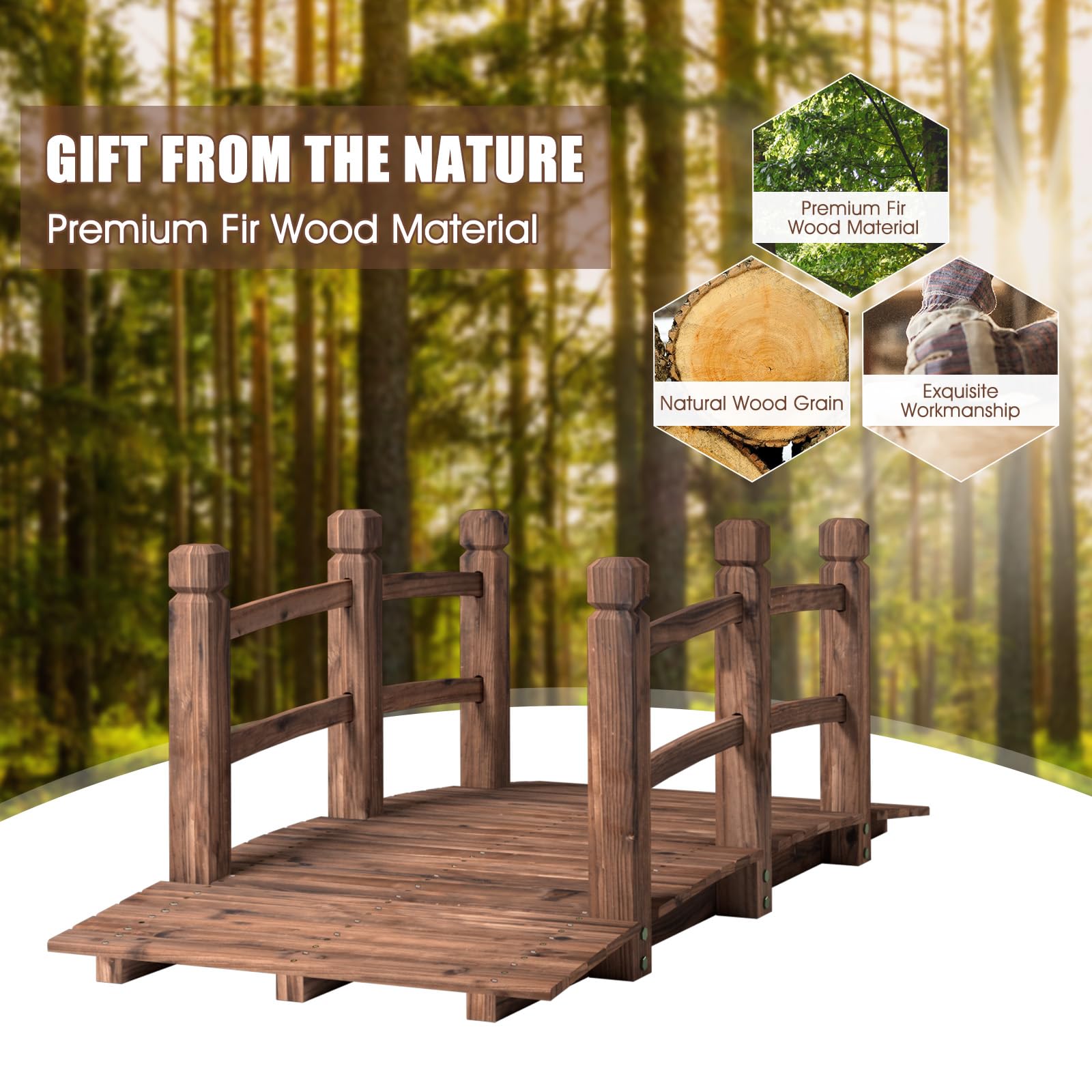 SOARS Holzbrücke mit Geländer, Gartenbrücke aus Fichtenholz, stabile Teichbrücke bis 100 kg belastbar, 150 x 67 x 55 cm, Zierbrücke begehbar, Dekobrücke für Garten, Teich & Bach