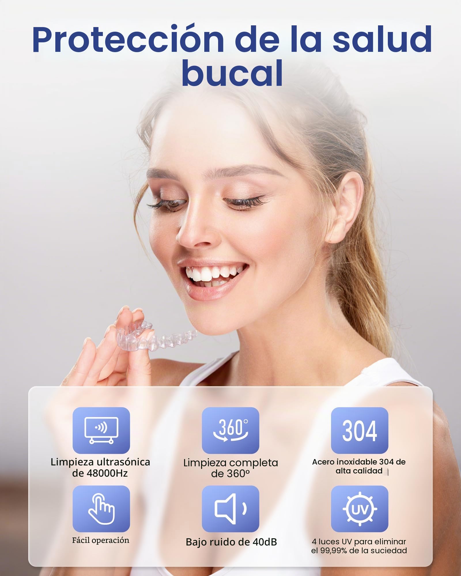 Limpiador Ultrasónico, 48000Hz Limpieza Dental Ultrasonidos, 375ML con 4 Lámparas UV Automáticas, para Ultrasonidos Limpieza Dental de Dentaduras, Retenedores, Alineadores y Joyas