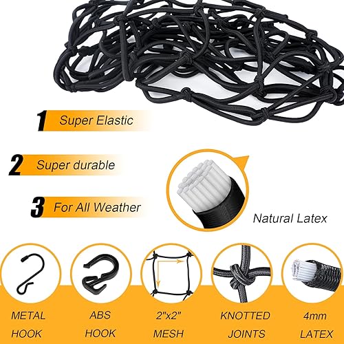 Miniatura 2 de GSPSCN Red de carga de 16 x 16 pulgadas, red elástica de látex resistente que se estira hasta 47 x 47 pulgadas, red de equipaje gruesa con malla de