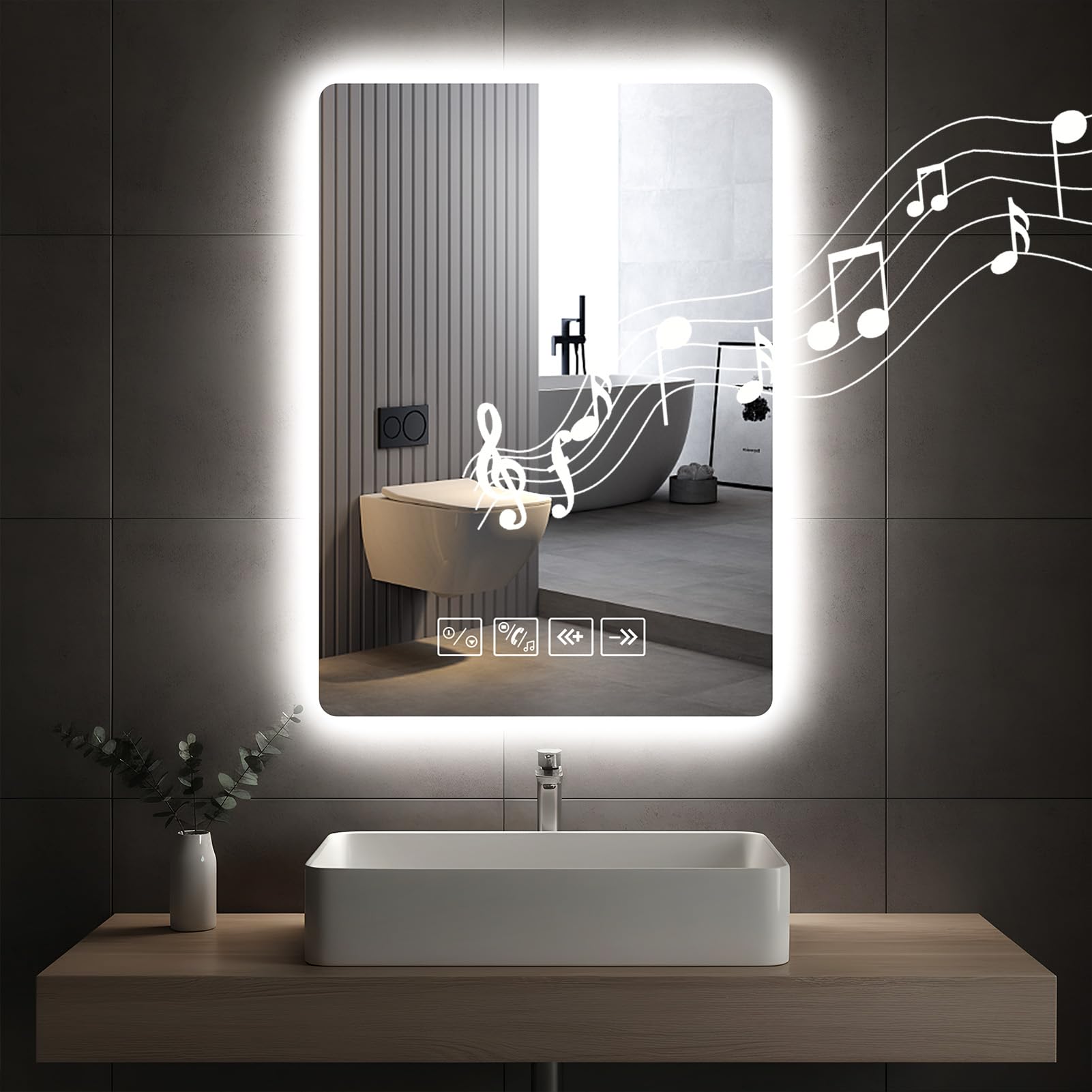 Hondony 50×70cm Bluetooth Bathroom Mirror with Led Lights and Dual Touch Switch, Wall Mounted Vanity, Anti-fog, 3 Colors Dimmable Light, Rectangle Demister Mirror with Backlit Lights for Bathroom