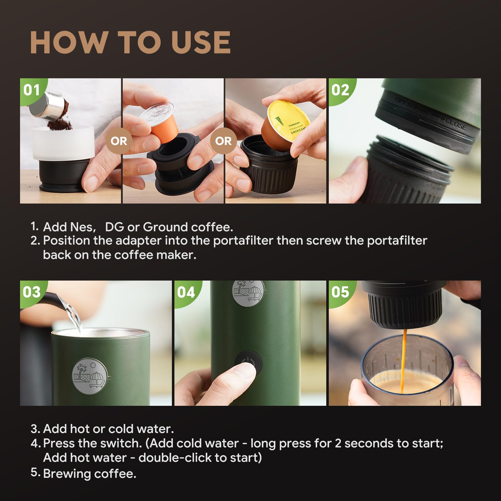 Machine à expresso portable 3 en 1 à 19 bars avec chauffage automatique, compatible avec les capsules NS et DG ainsi que le café moulu pour le camping, la randonnée, les voyages et la maison