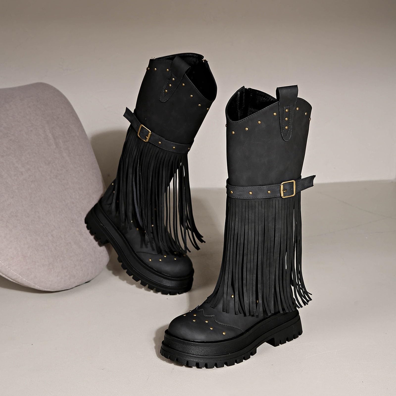 Botas por encima de la rodilla para mujer, botas de caña ancha, botas altas de moda con detalle de flecos, suela de plataforma, cómoda cremallera lateral, botas de otoño/invierno
