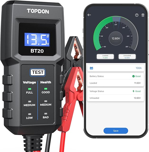 TOPDON BT20 Car Battery Tester, 12V Lead-acid Battery Load Tester, Voltage Test, Cranking Test, Charging Test, Real-time Voltage Monitoring, Test Report, Multiple Safety Protections