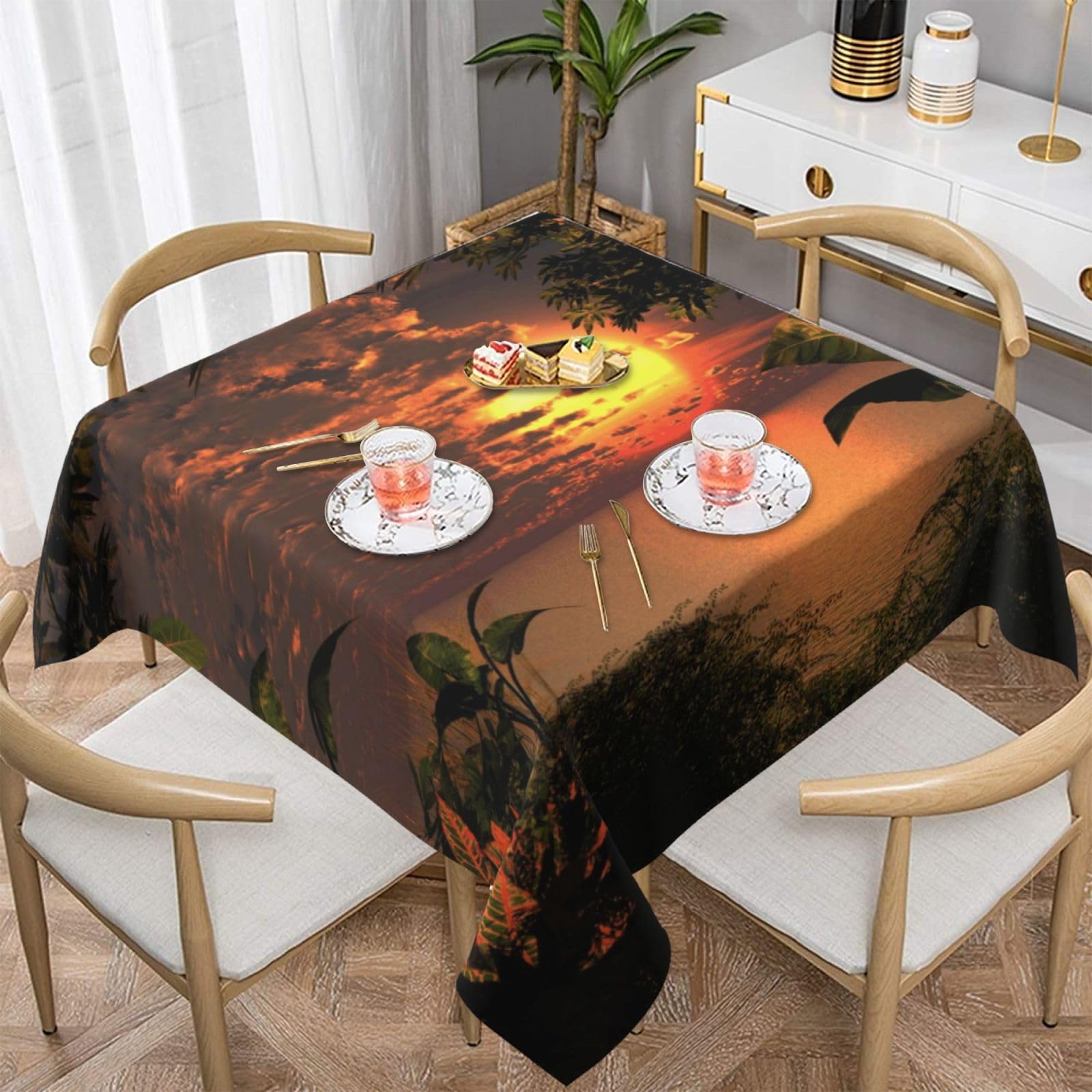 DCEHGEW Sunset Painting Prints Square Tablecloth 152x152 CM, Waterproof Fabric Table Cloth for Dining Table, Farmhouse Table Cover for Kitchen Dining Tabletop Decoration