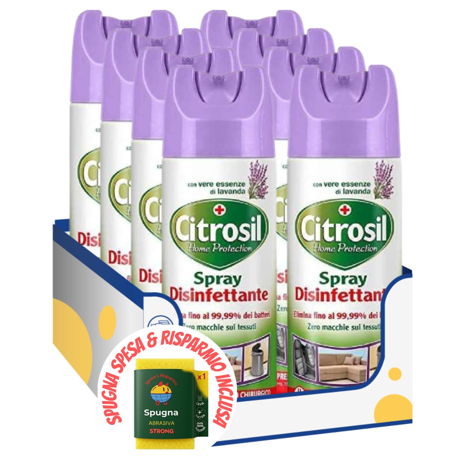 Spray disinfettante superfici profumato alla lavanda – igiene profonda – 300 ml kit con Spugna Brandizzata SPESA & RISPARMIO Inclusa – Variazioni 4/8/12 Pezzi (8)