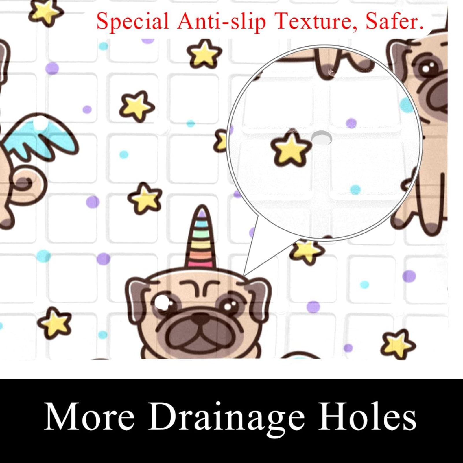 Rutschfeste Badematten mit niedlichem Mops-Motiv, Einhorn-Motiv, Sterne, Flügel, für Badezimmer, rechteckige Badewanne, maschinenwaschbar, 40 x 70 cm