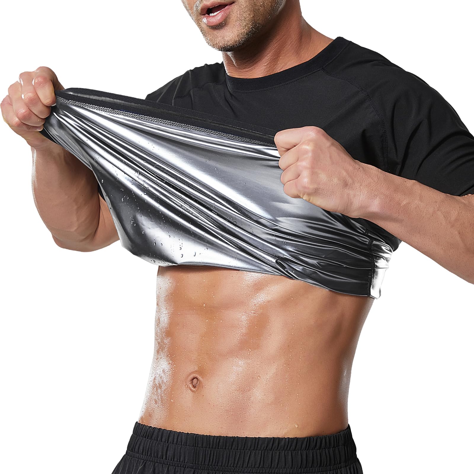 Towintec Sauna Shirt for Men Short Sleeve Sweat Suit Heat Trapping T-shirt Weight Loss Hot Suits Sports Shapewear for Gym Workout(Silver,4XL)