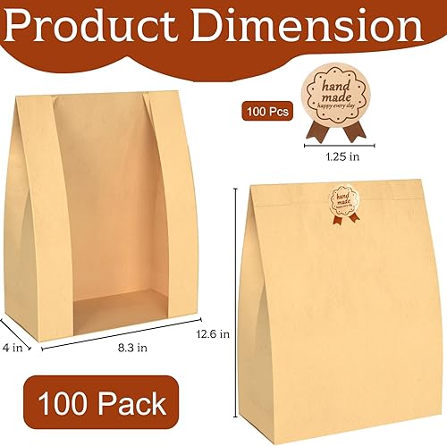 Miniatura 2 de ZENFUN Paquete de 100 bolsas de papel para pan con calcomanías, bolsas de papel para panadería con ventana transparente, embalaje de alimentos de