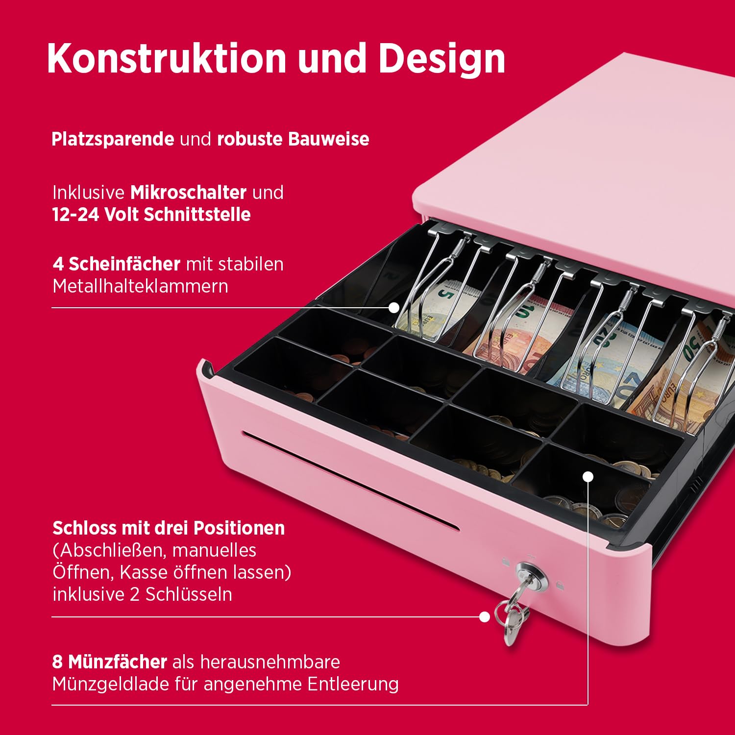 OLYMPIA S 330 - Caja registradora con 8 compartimentos para monedas y 4 billetes, robusta base de metal para caja registradora con cerradura y conector RJ11/RJ12, color rosa