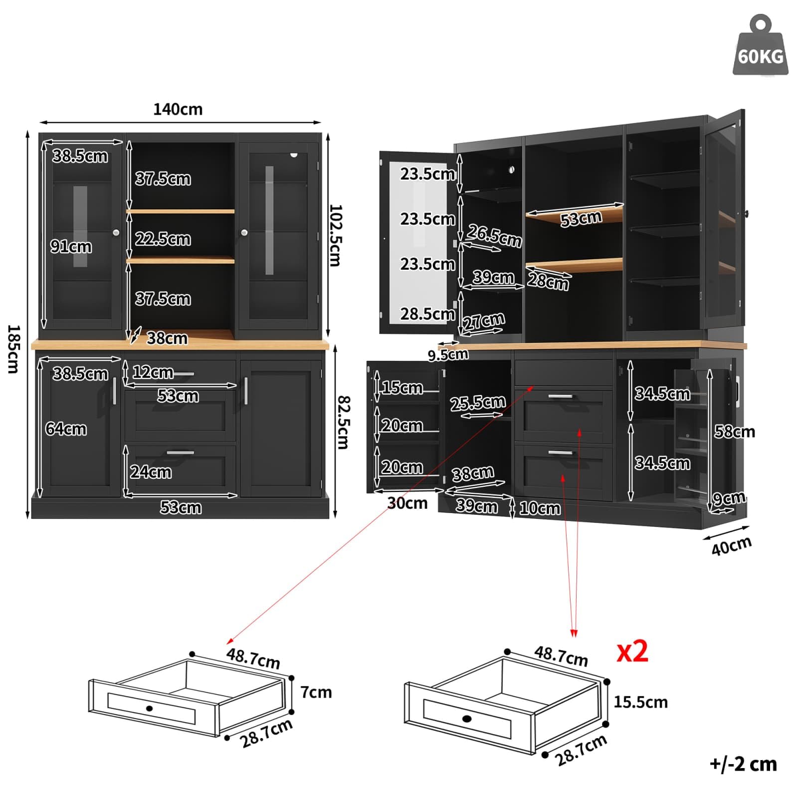 Sweiko Armoire de Cuisine avec Plan de Travail, 3 Tiroirs, Buffet avec Étagères Réglables, 2 Portes vitrées, Meuble de Rangement pour Cuisine, Salle à Manger, Salon